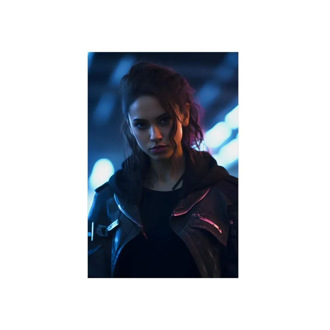 Cyberpunk Teen Close-Up: Neon Glow Digital Art - Metal Poster