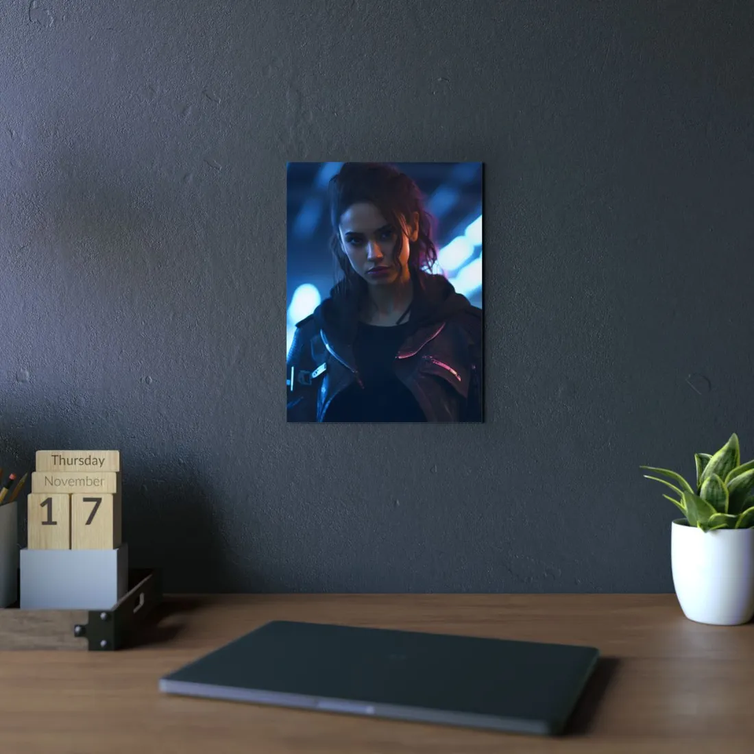 Cyberpunk Teen Close-Up: Neon Glow Digital Art - Metal Poster