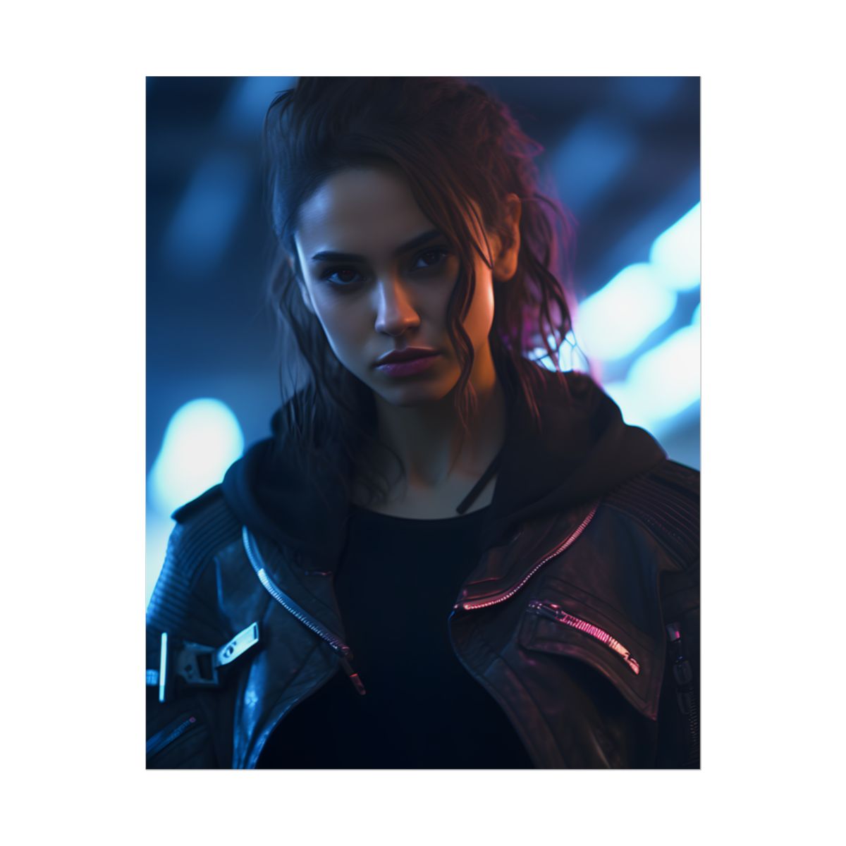 Cyberpunk Teen Close-Up: Neon Glow Digital Art - Poster