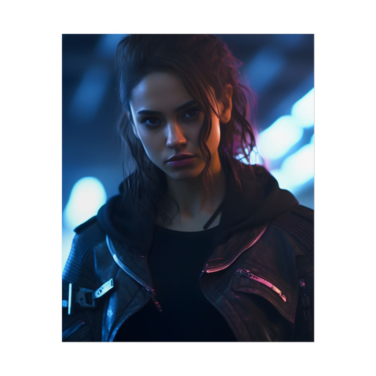 Cyberpunk Teen Close-Up: Neon Glow Digital Art - Poster