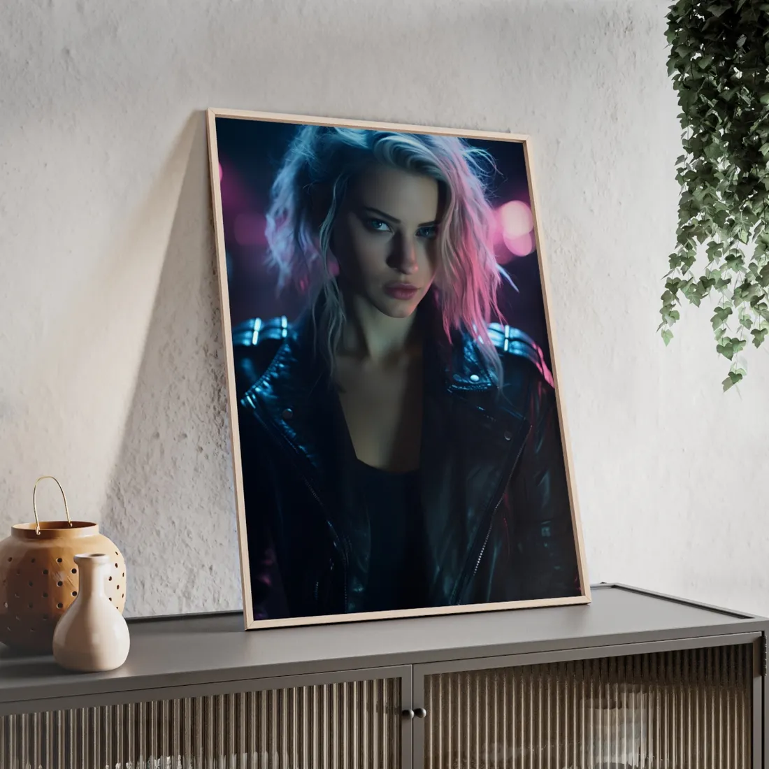 Cyberpunk Teen: Moody Expression Digital Art - Framed Poster