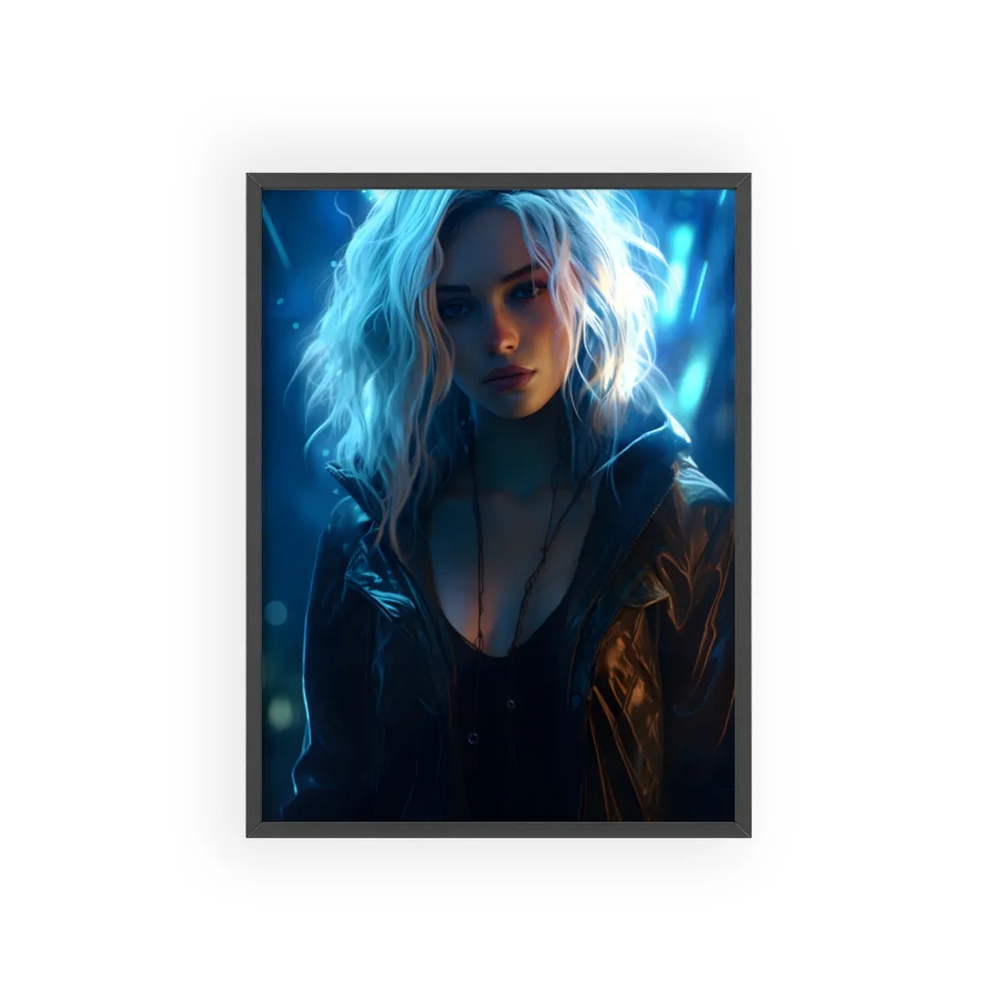 Cyberpunk Teenage Beauty: Close-Up Digital Art - Framed Poster