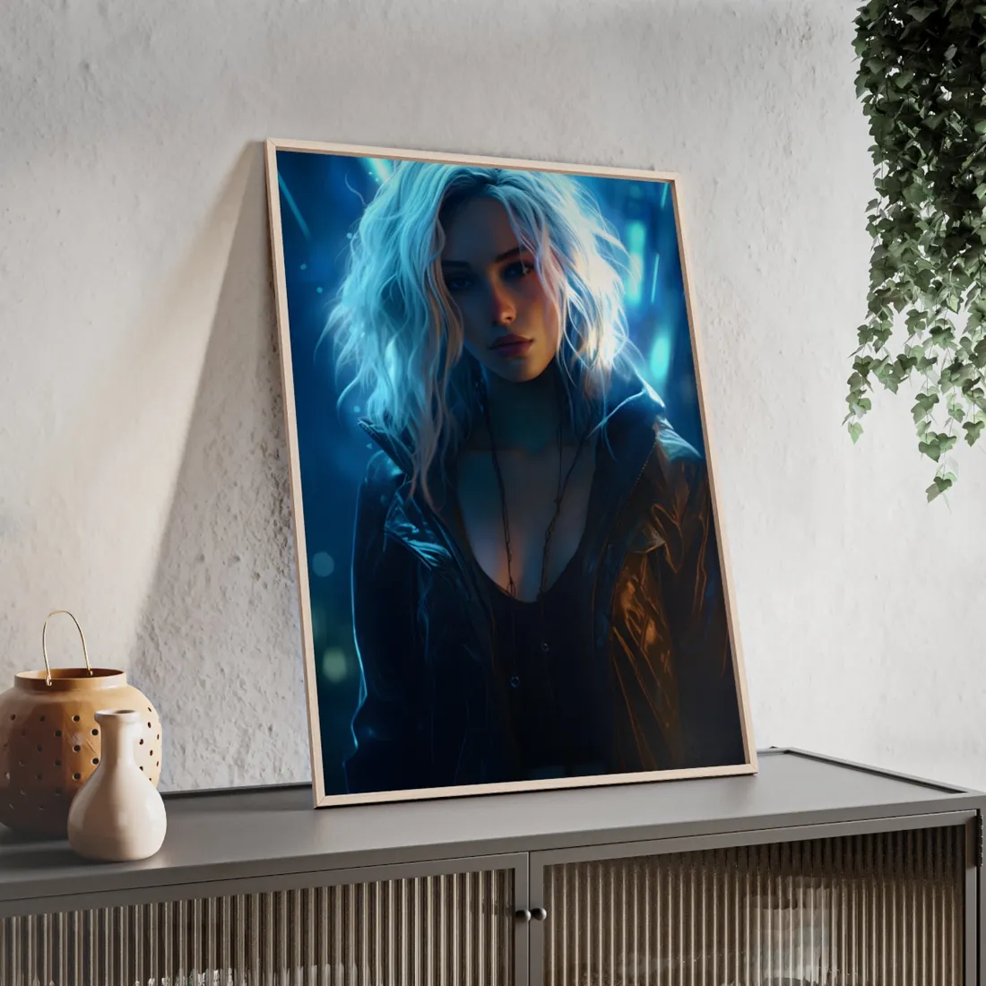 Cyberpunk Teenage Beauty: Close-Up Digital Art - Framed Poster