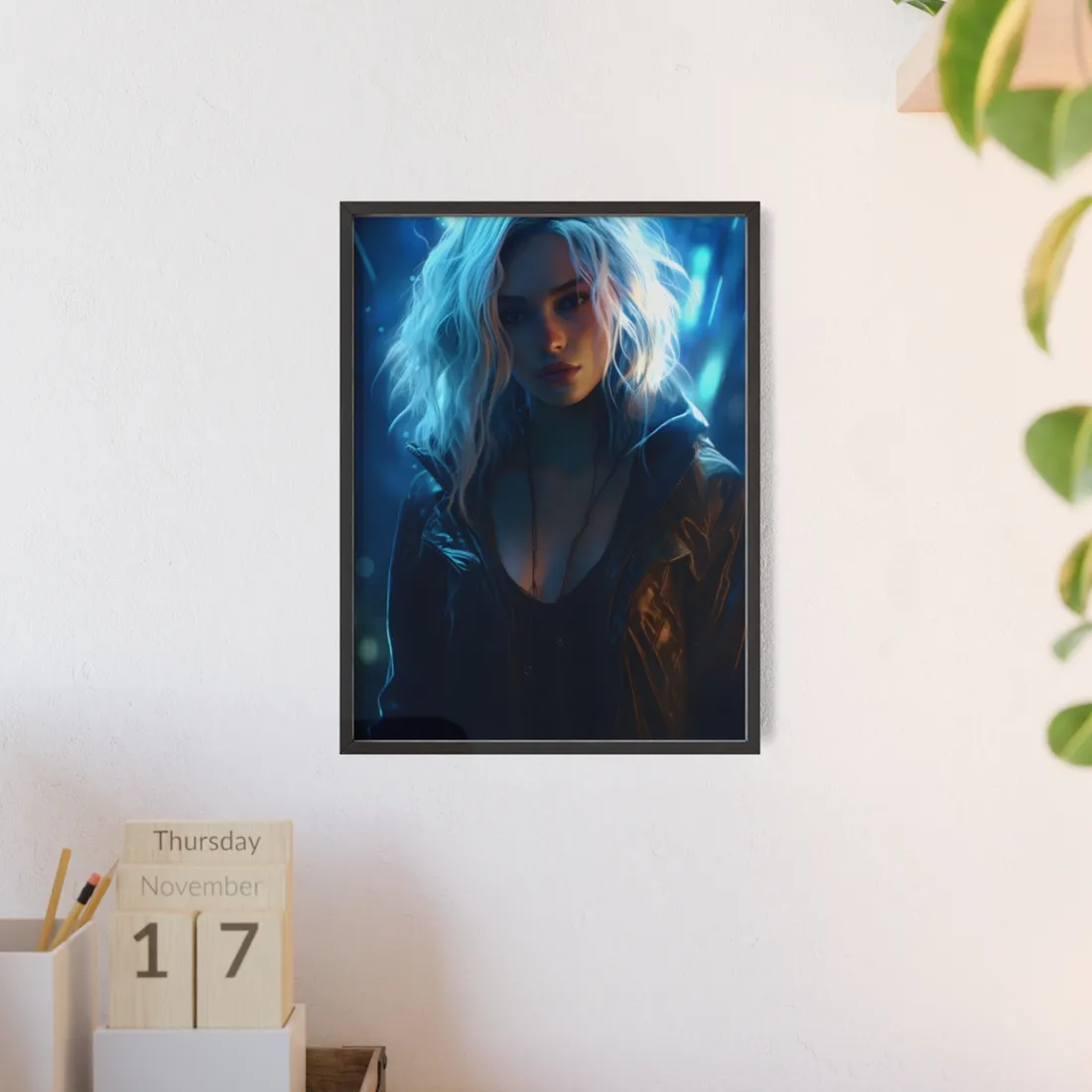 Cyberpunk Teenage Beauty: Close-Up Digital Art - Framed Poster