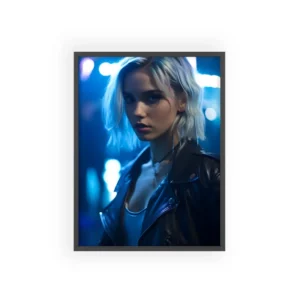 Woman in Blue Neon Lights Framed Poster