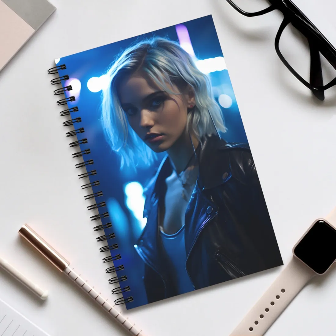 Cyberpunk Teenage Blonde Woman: Close-Up Portrait - Spiral Notebook