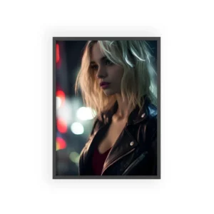 Woman in Leather Jacket at Night Framed Poster