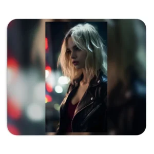 Woman in Leather Jacket at Night Mouse Pad