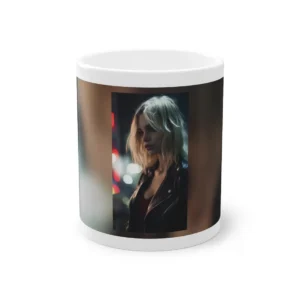 Woman in Leather Jacket at Night Mug