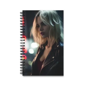 Woman in Leather Jacket at Night Spiral Notebook