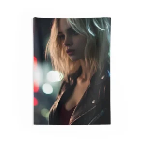 Woman in Leather Jacket at Night Wall Tapestry