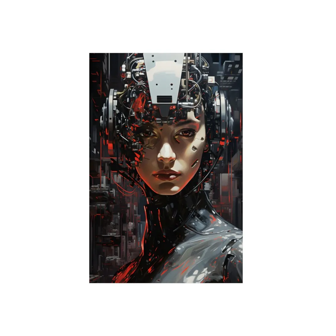 Cyborg Woman Close-Up: Mechanical Face Portrait - Metal Poster