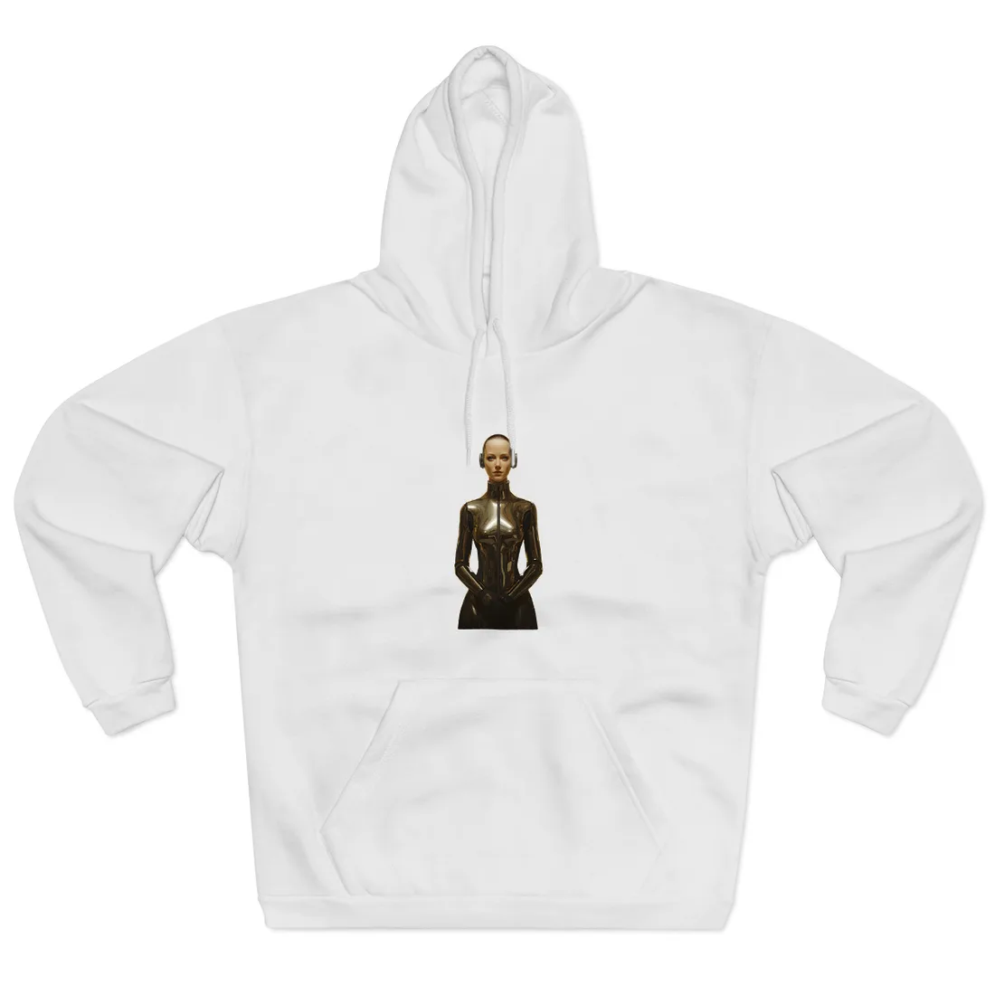 Android woman in glossy black bodysuit stands before rows of chrome robot heads – Hoodie, white