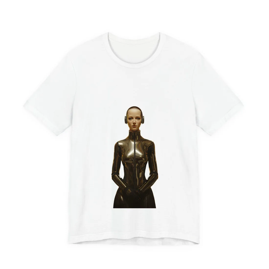 Android woman in glossy black bodysuit stands before rows of chrome robot heads – T-Shirt, white