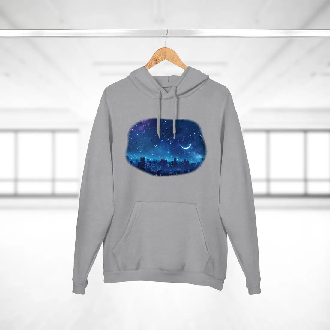 Dark Blue Dreams: A Starry Night Sky with Crescent Moon - Hoodie (Heather Grey)