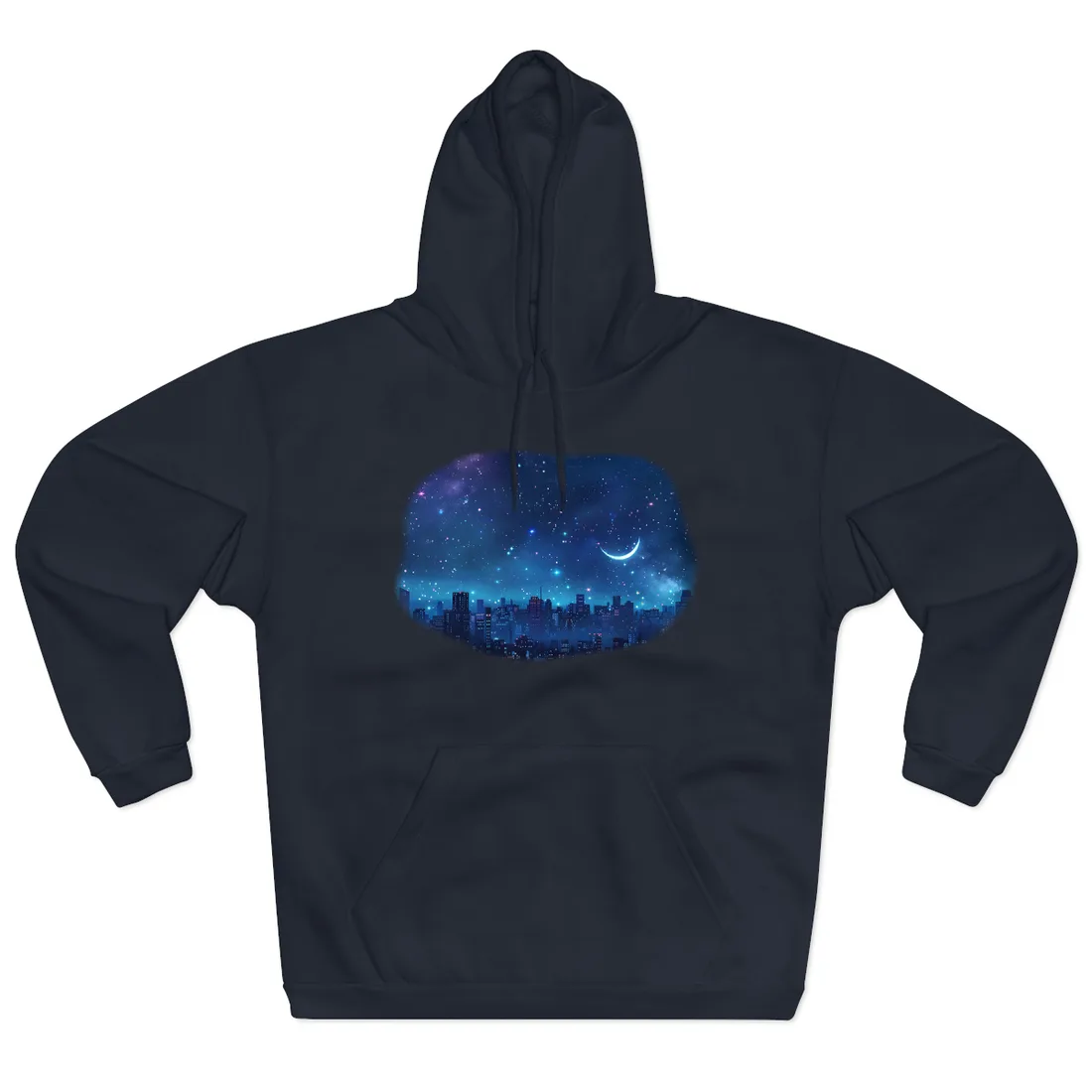 Dark Blue Dreams: A Starry Night Sky with Crescent Moon - Hoodie (Navy)