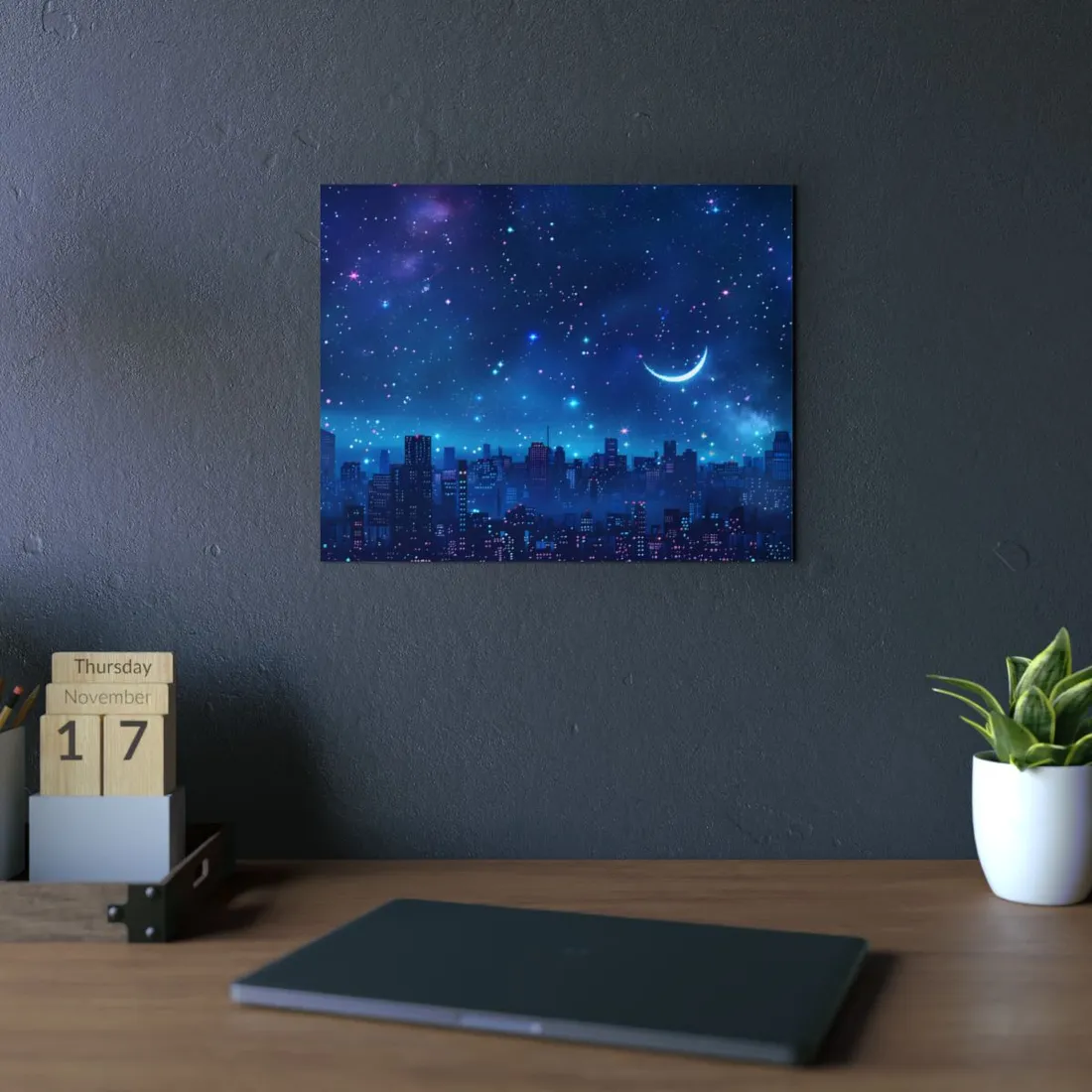 Dark Blue Dreams: A Starry Night Sky with Crescent Moon - Metal Poster
