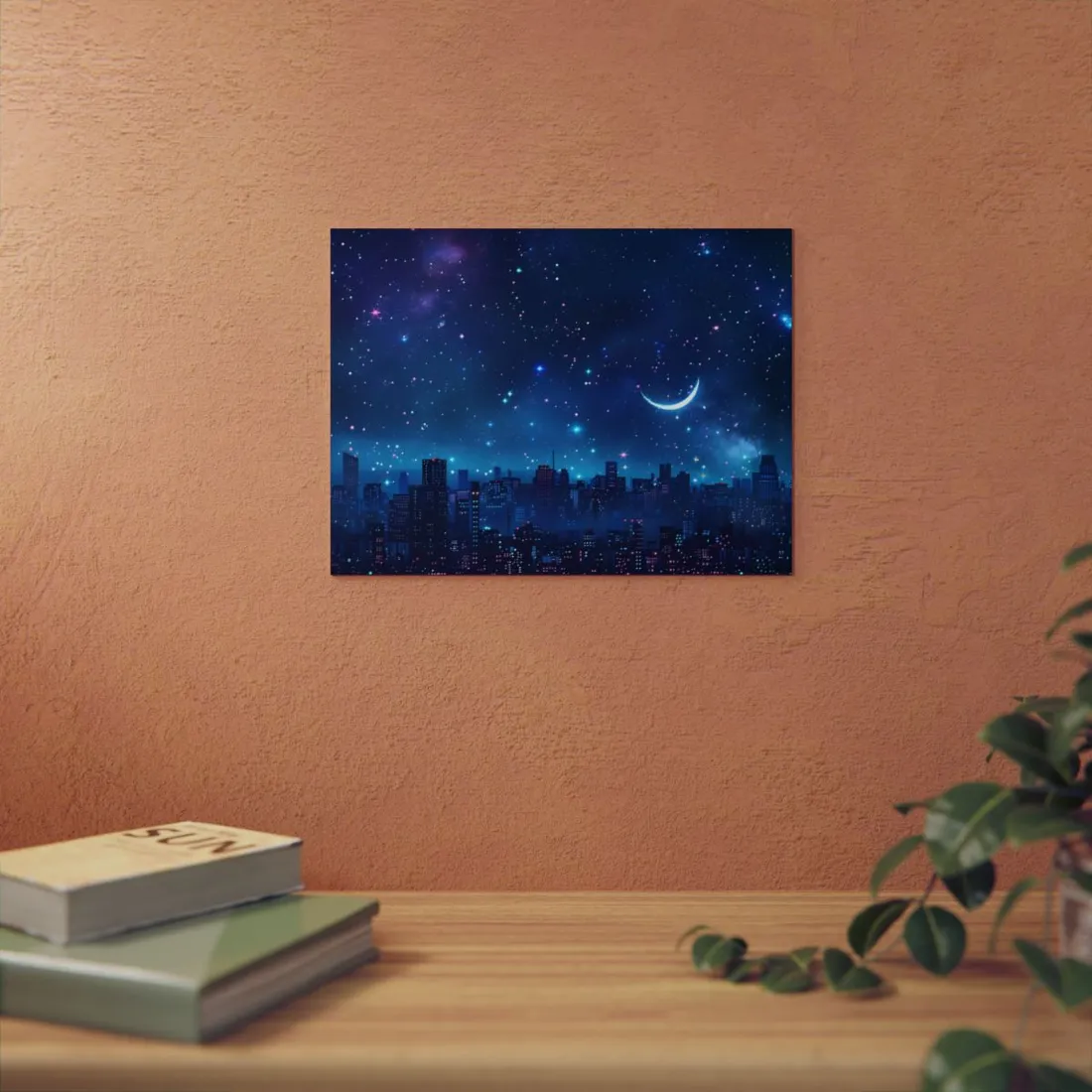 Dark Blue Dreams: A Starry Night Sky with Crescent Moon - Metal Poster