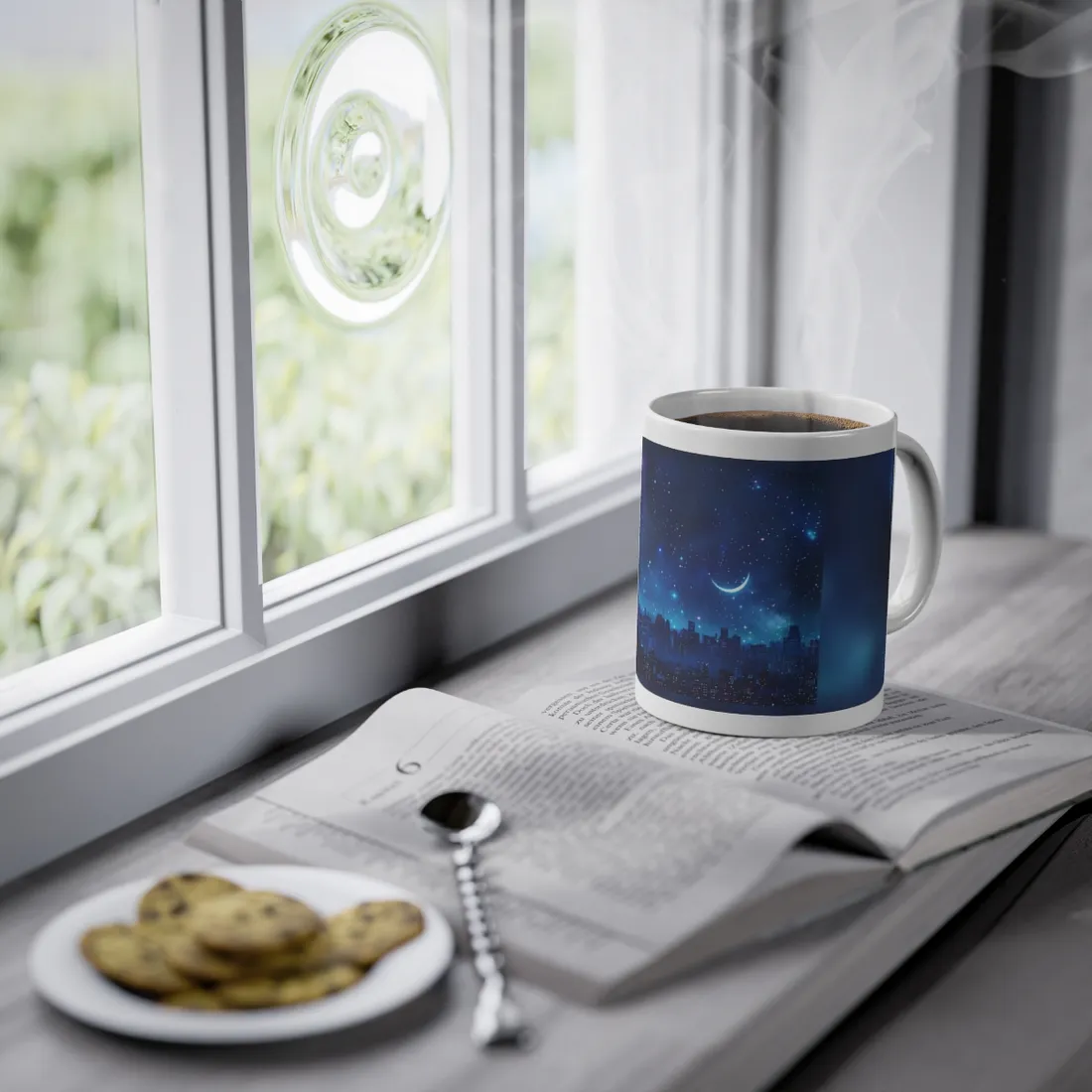 Dark Blue Dreams: A Starry Night Sky with Crescent Moon - Mug