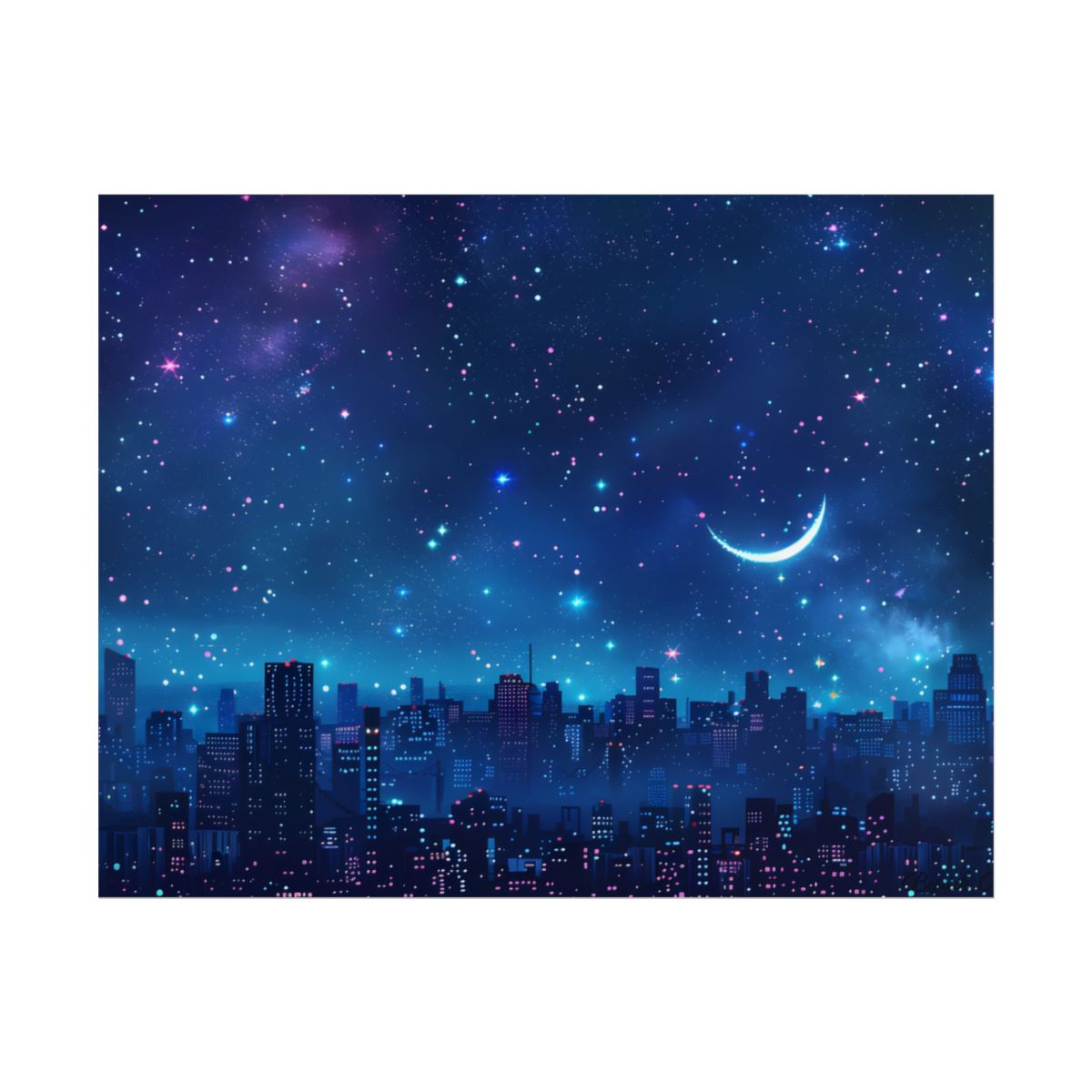 Dark Blue Dreams: A Starry Night Sky with Crescent Moon - Poster