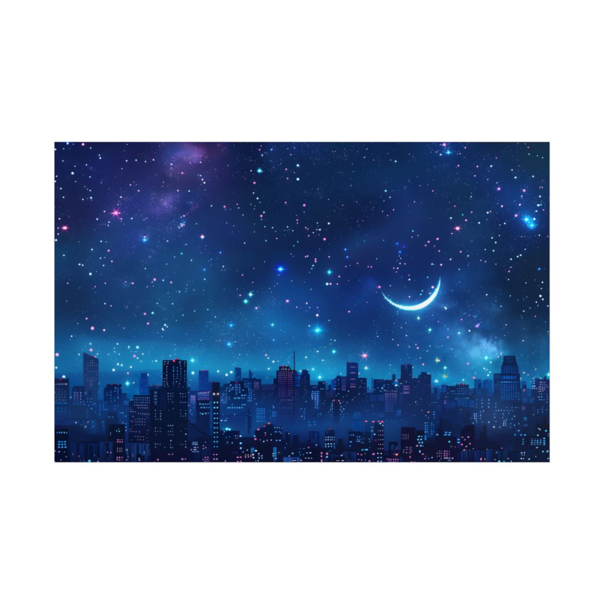 Dark Blue Dreams: A Starry Night Sky with Crescent Moon - Poster