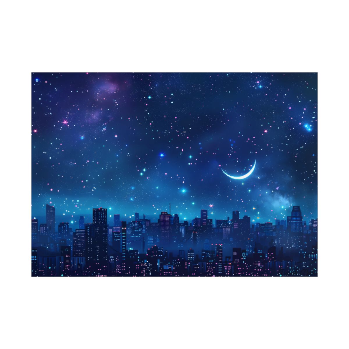 Dark Blue Dreams: A Starry Night Sky with Crescent Moon - Poster