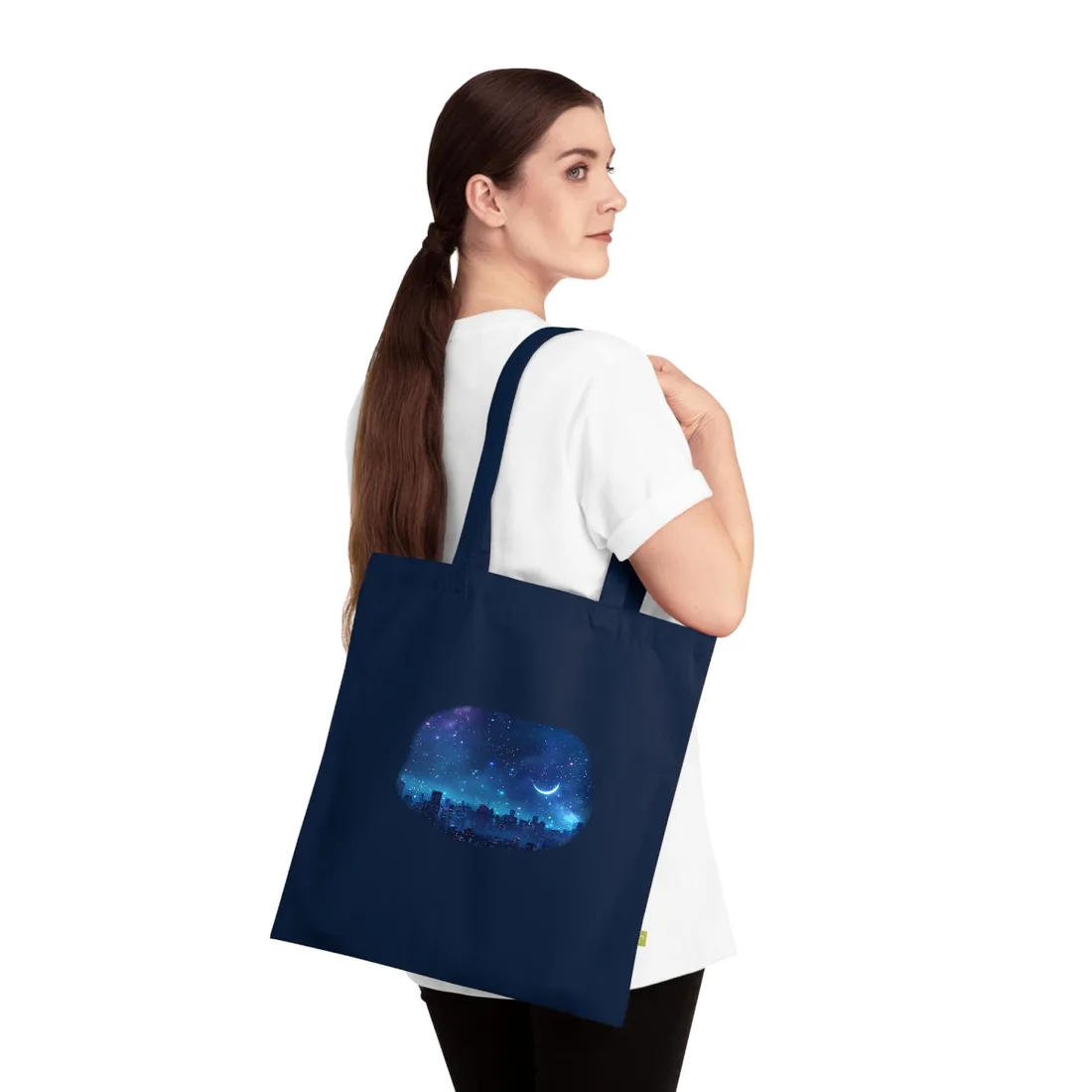 Dark Blue Dreams: A Starry Night Sky with Crescent Moon - Tote Bag (French Navy)