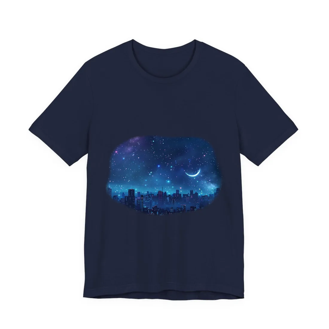 Dark Blue Dreams: A Starry Night Sky with Crescent Moon - T-Shirt (Navy)