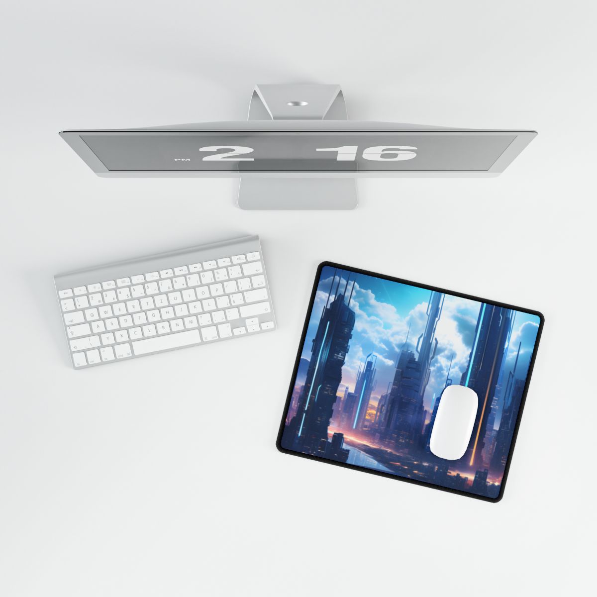 Dark Future Cityscape: Cyberpunk Dystopia Neon Artwork - Desk Mat