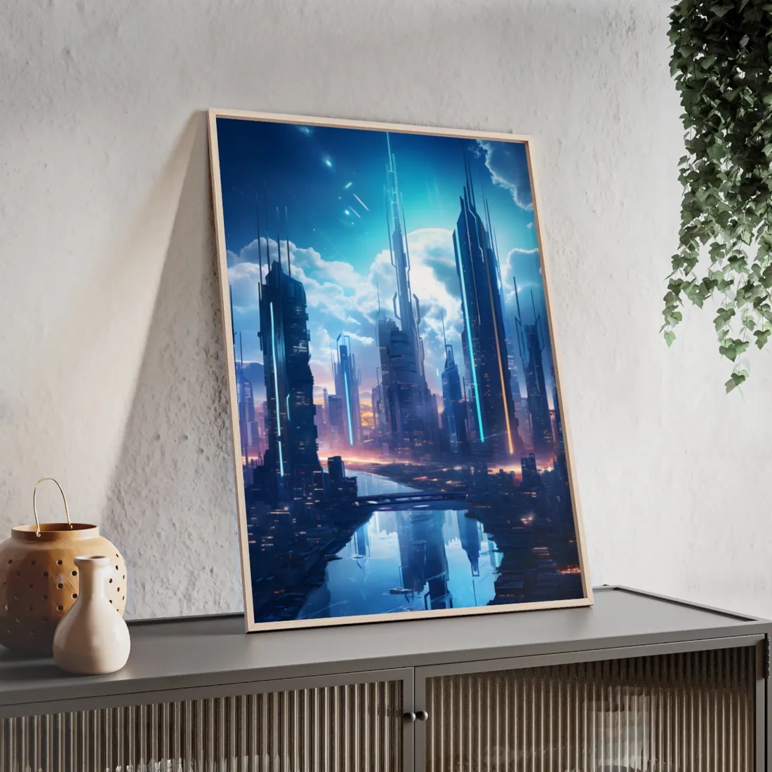 Dark Future Cityscape: Cyberpunk Dystopia Neon - Framed Poster