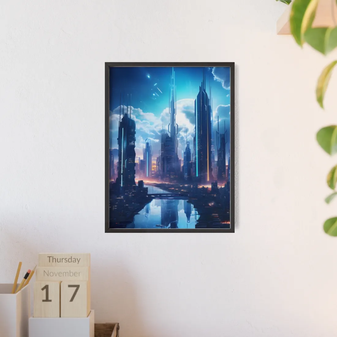 Dark Future Cityscape: Cyberpunk Dystopia Neon - Framed Poster