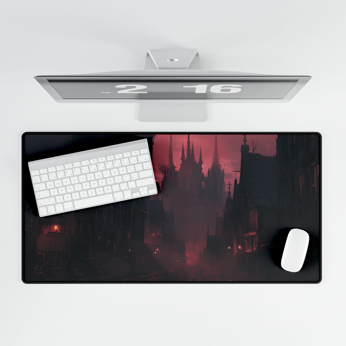 Dark Gothic Cityscape: A Serene Misty Dusk Scene - Desk Mat