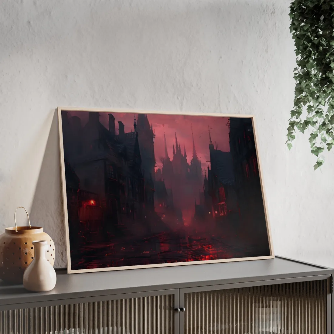 Dark Gothic Cityscape: A Serene Misty Dusk Scene - Framed Poster