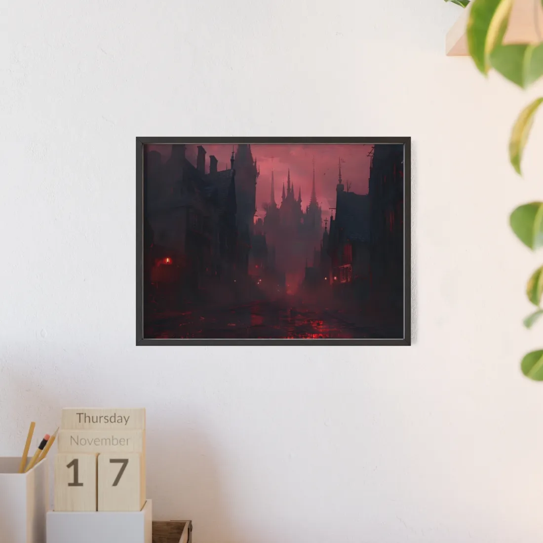 Dark Gothic Cityscape: A Serene Misty Dusk Scene - Framed Poster
