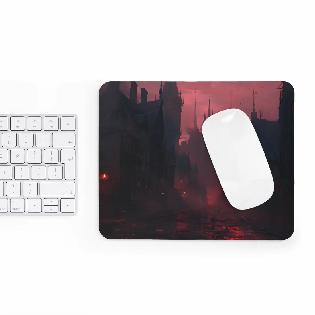 Dark Gothic Cityscape: A Serene Misty Dusk Scene - Mouse Pad