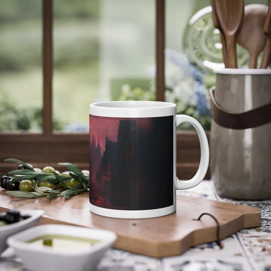 Dark Gothic Cityscape: A Serene Misty Dusk Scene - Mug