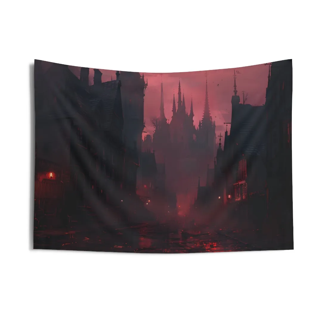 Dark Gothic Cityscape: A Serene Misty Dusk Scene - Wall Tapestry