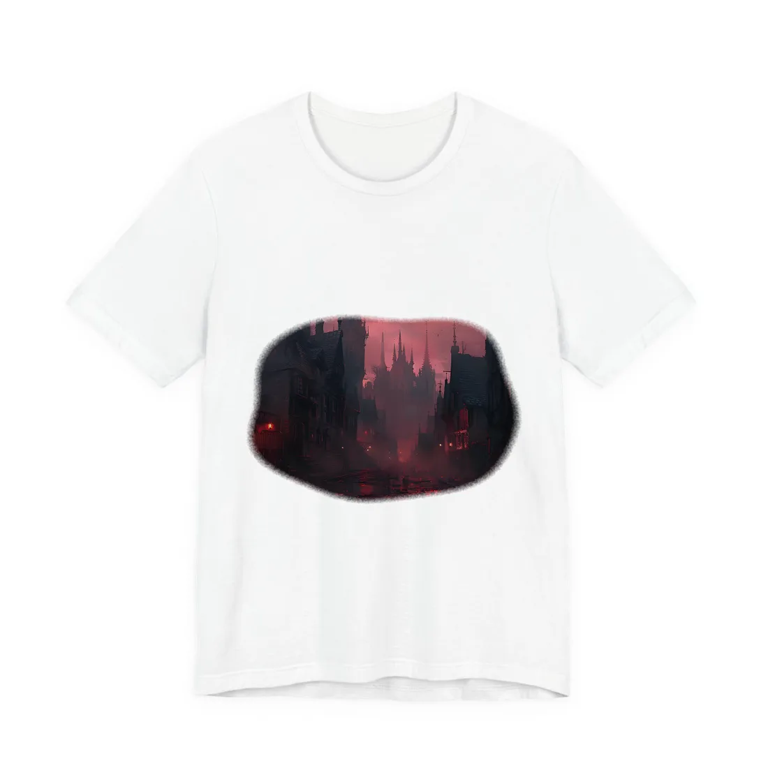 Dark Gothic Cityscape: A Serene Misty Dusk Scene - T-Shirt (White)
