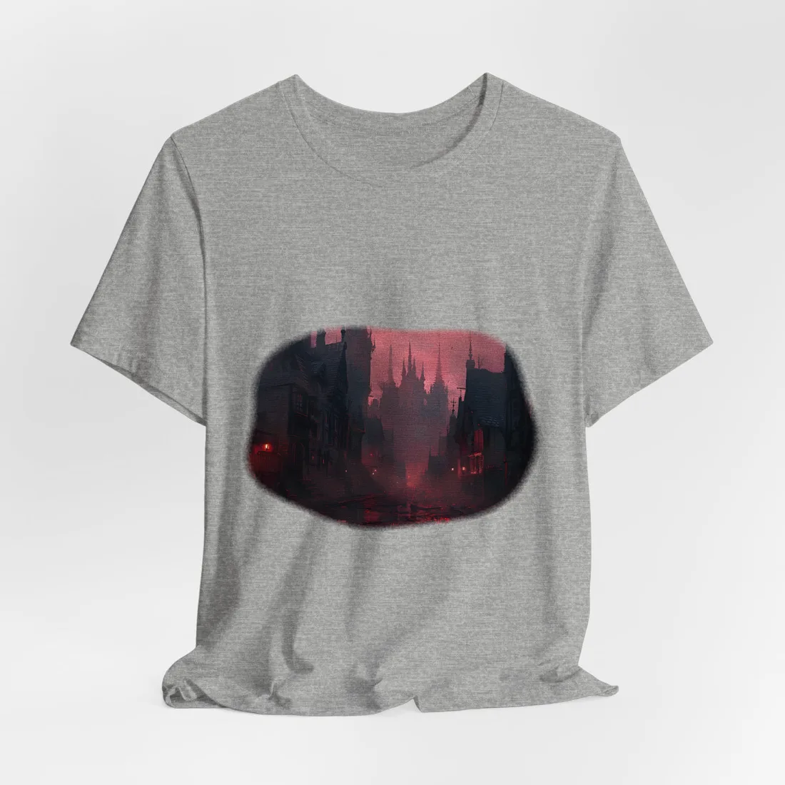 Dark Gothic Cityscape: A Serene Misty Dusk Scene - T-Shirt (Athletic Heather)