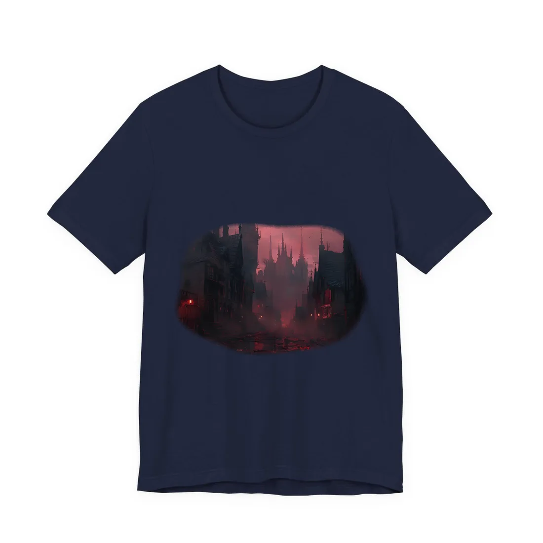 Dark Gothic Cityscape: A Serene Misty Dusk Scene - T-Shirt (Navy)