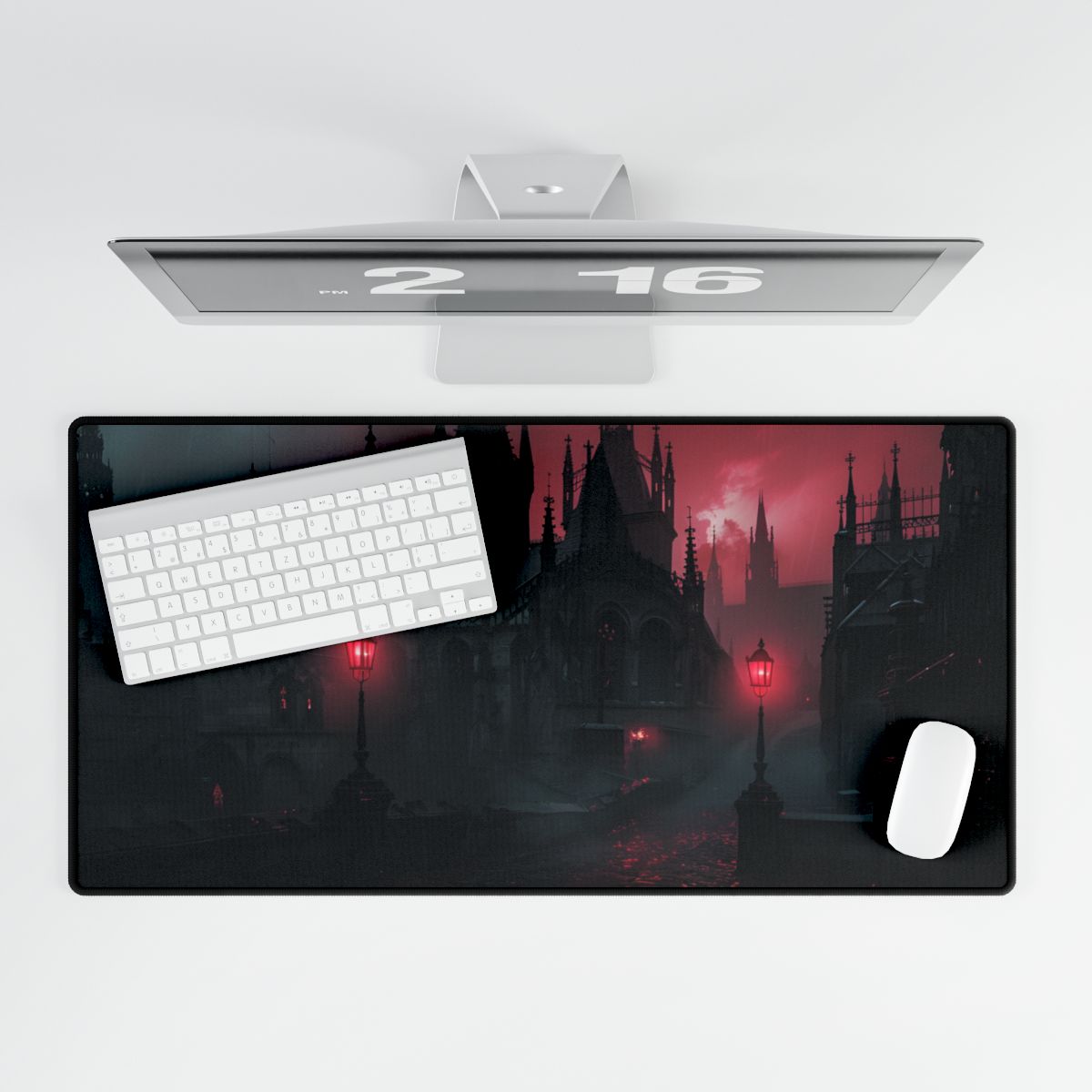 Dark Gothic Cityscape: Misty Twilight Artwork - Desk Mat