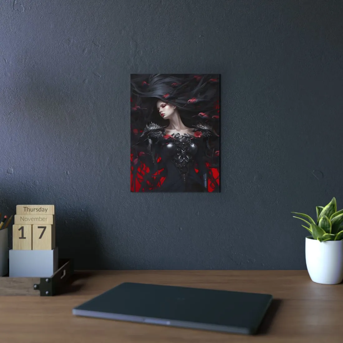 Dark Gothic Enchantress: Roses and Shadows Portrait - Metal Poster
