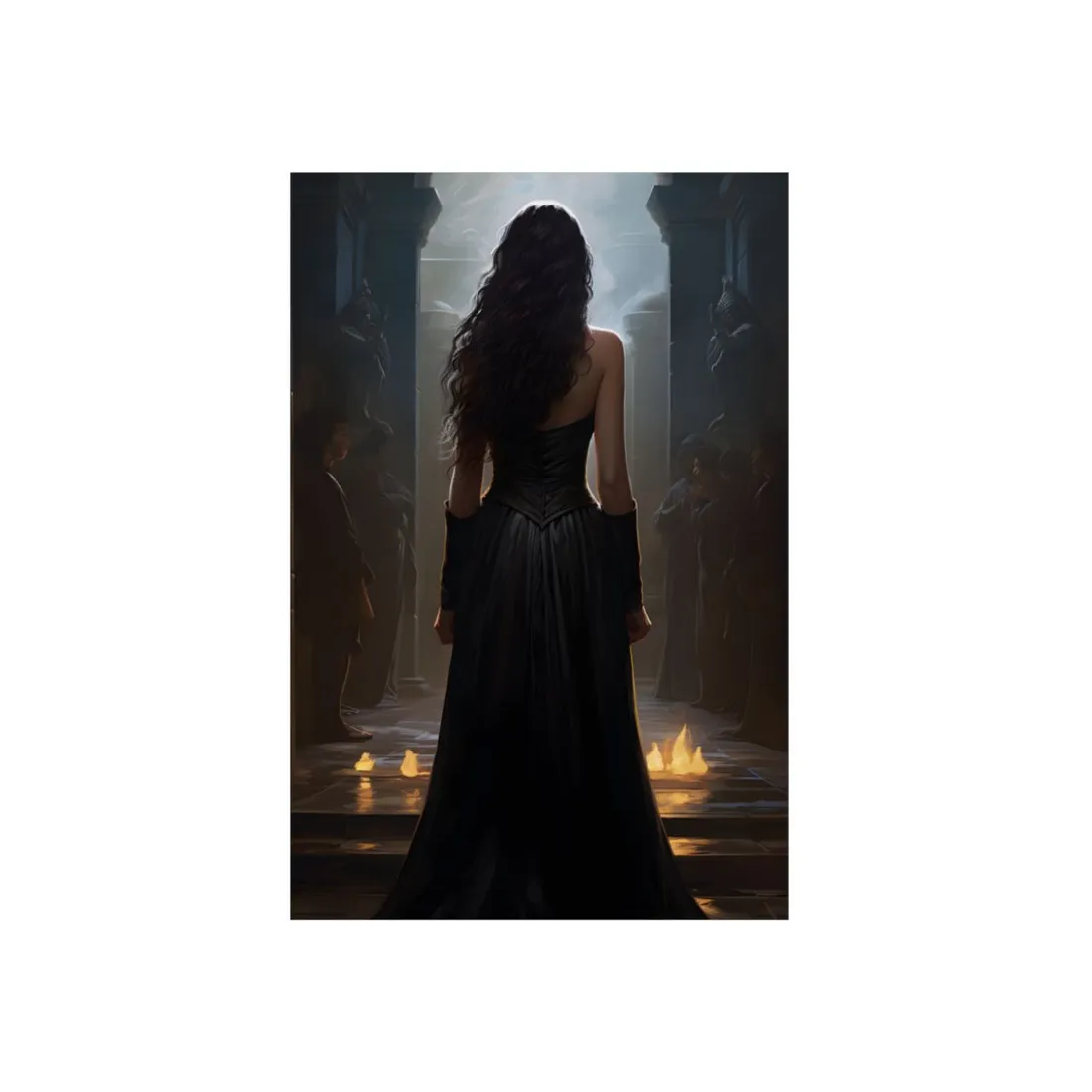 Dark Gown: Woman in a Candlelit Hallway - Metal Poster