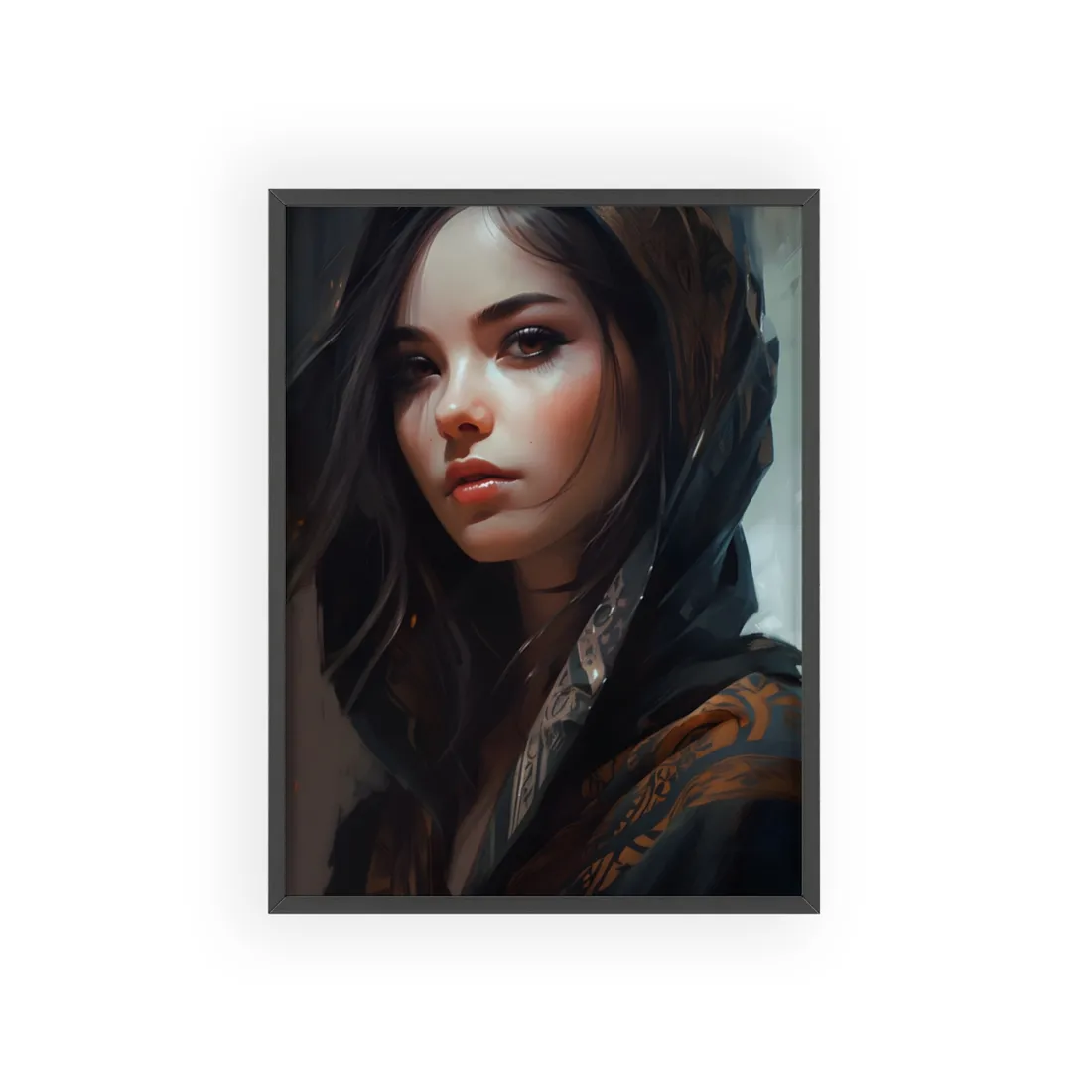Dark Hair Woman: Colorful Portrait - Framed Poster