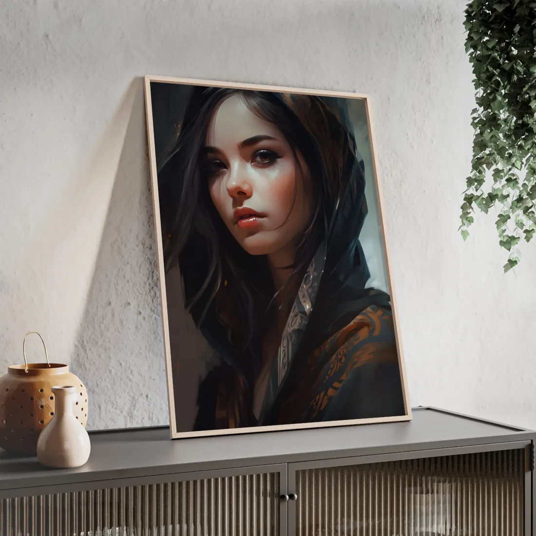 Dark Hair Woman: Colorful Portrait - Framed Poster