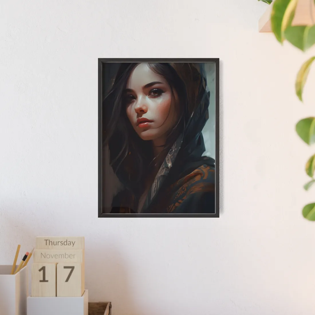 Dark Hair Woman: Colorful Portrait - Framed Poster