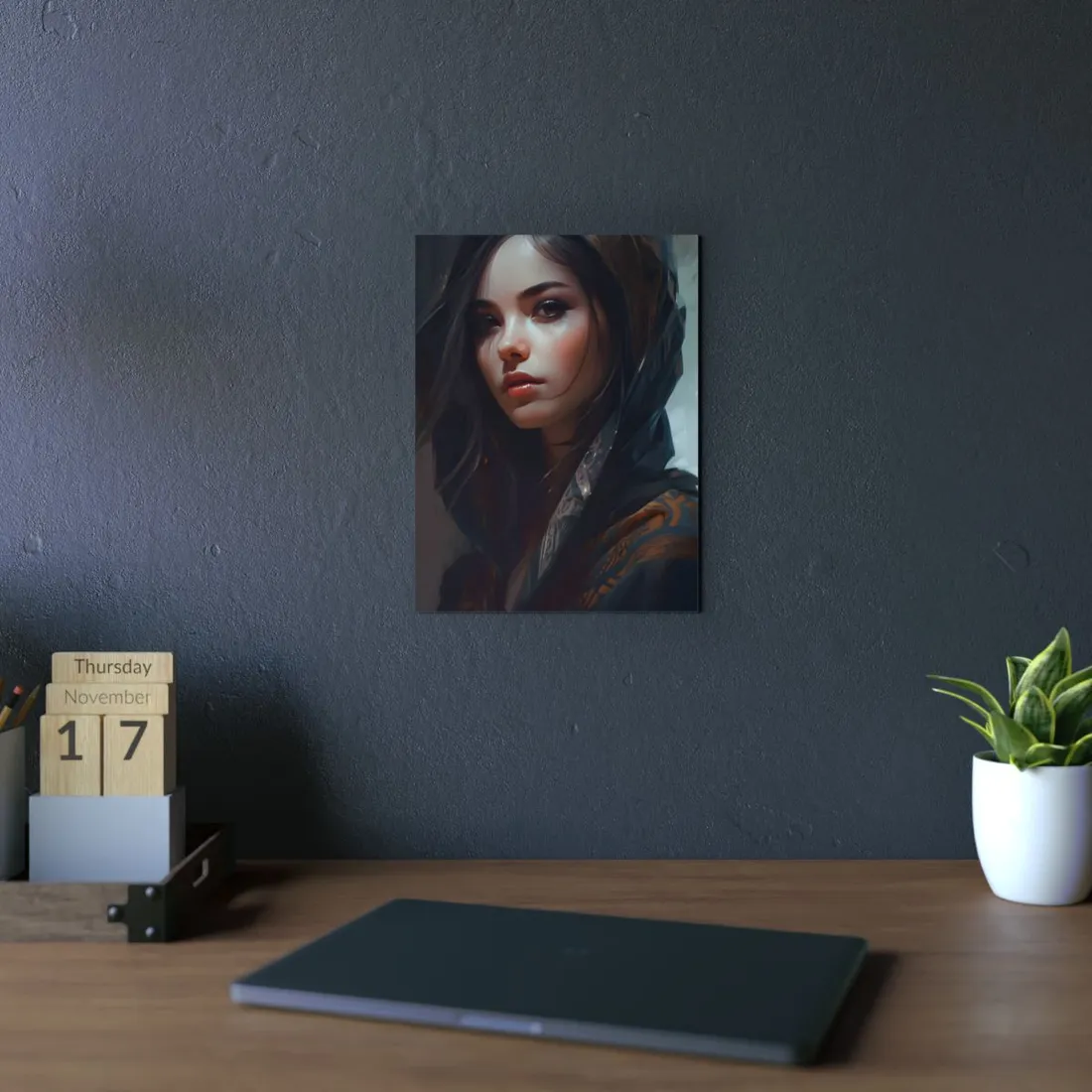 Dark Hair Woman: Colorful Portrait - Metal Poster