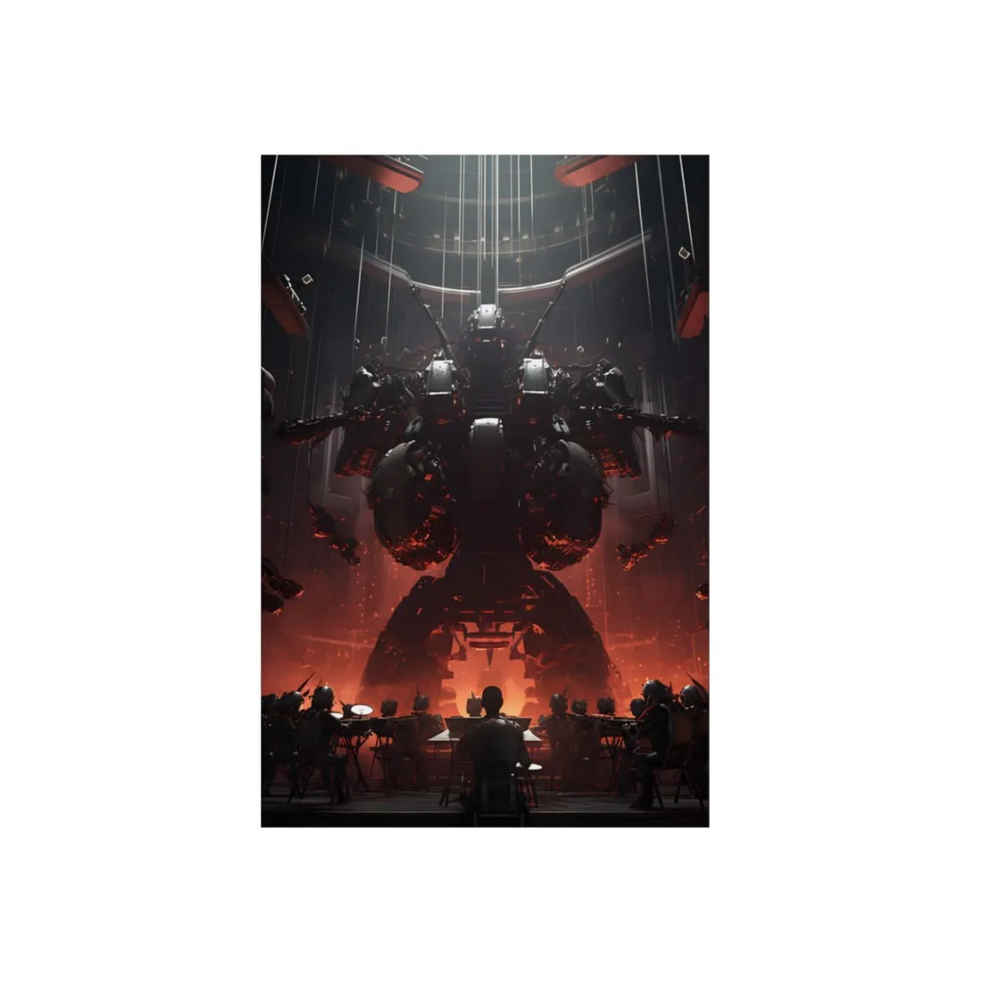 Dark Mecha Descent: Menacing Robot Over Crowd - Metal Poster