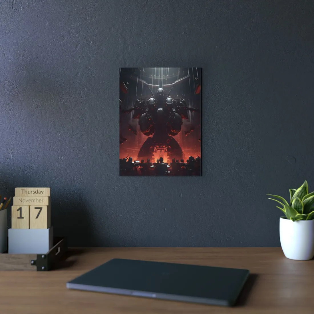 Dark Mecha Descent: Menacing Robot Over Crowd - Metal Poster