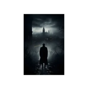 Man in Hat Overlooking City Metal Poster